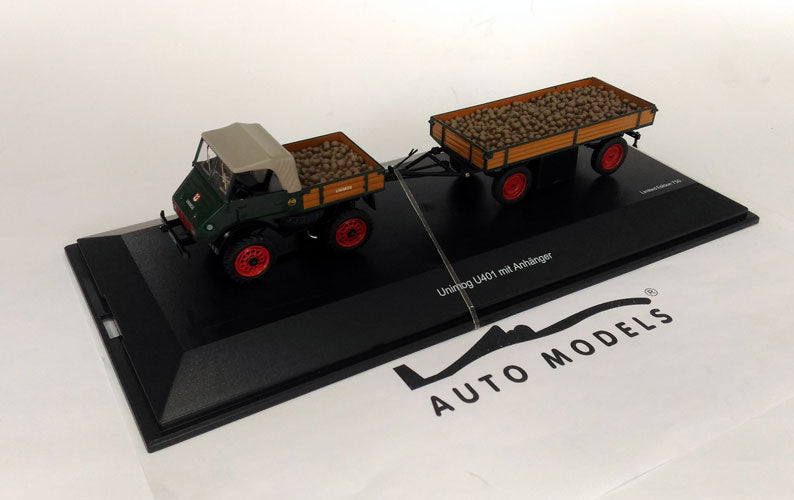 Schuco Mercedes Benz Unimog 401 with Trailer and Potatoes Dark Green