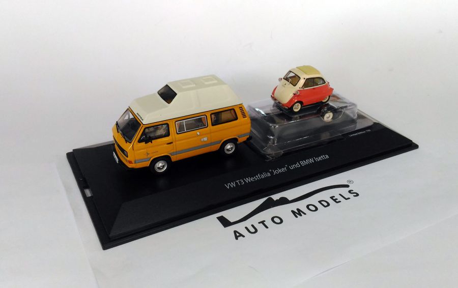 Schuco Volkswagen T3 Westfalia Joker Camper Caravan 1979 + Trailet with BMW Isseta 1960 Yellow