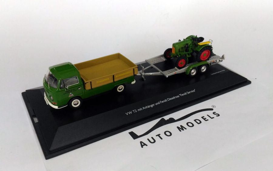 Schuco Volkswagen T2 Pick-Up with Trailer 1967 + Fendt Tractor Diesel Ross 1955 Green