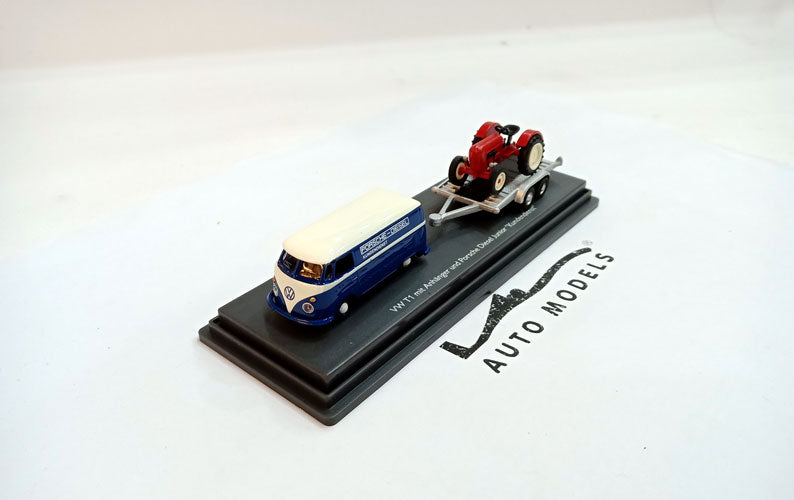 Schuco Volkswagen Type 2 T1 Panel Bus with Porsche Diesel Junior Tractor Blue White