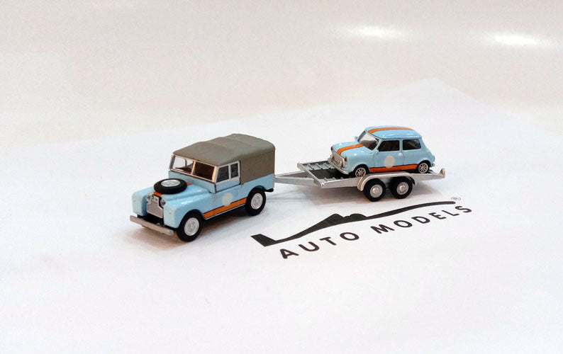 Schuco Land Rover 88 I Series Pick Up Closed w/ Trailer+Mini Cooper Racing Light Blue Orange