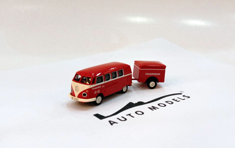 Schuco Volkswagen T1 Bus M. Anh. Fire Brigade w/ Trailer Red