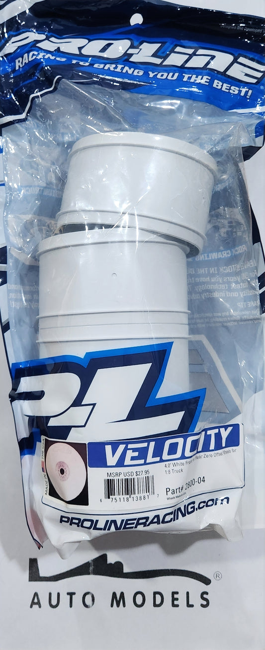 Proline Velocity 4.0" White Front or Rear Zero Offset Wheels for 1:8 Truck