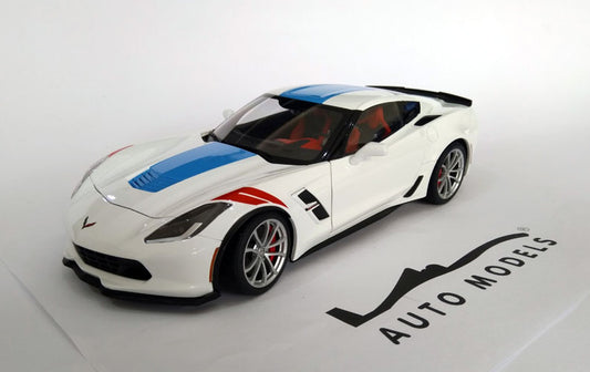 Autoart Chevrolet Grand Sport Artic White/ Blue Stripes/ Red fender Hash Mark Silver