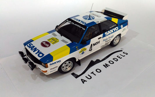 Minichamps Audi Quatro Audi Sport Sweden Blomqvist/Cenderberg Win. International Swedish Rally 1982 White Blue