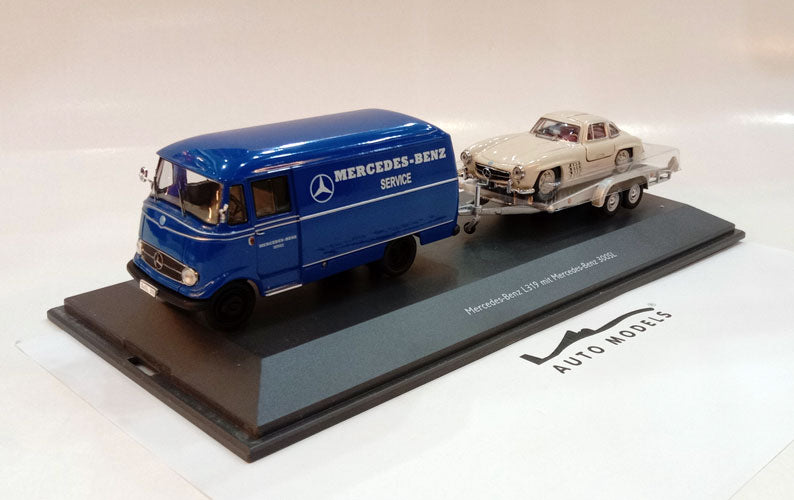 Schuco Mercedes Benz L319 w/Trailer + Mercedes Benz 300SL Blue Beige
